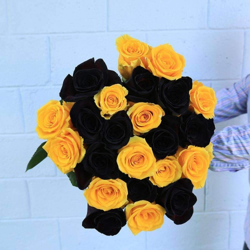 Микс из 24 черных и желтых роз