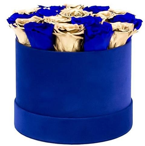 Микс из 16 золотых и синих роз в коробке