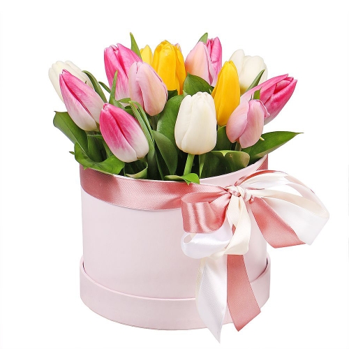 Букет из 15 разноцветных тюльпанов в коробке