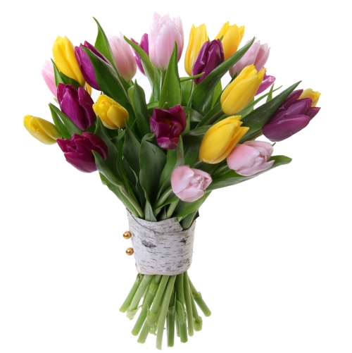 Букет невесте из 25 разноцветных тюльпанов